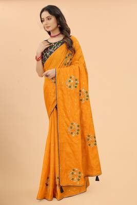 Yellow Embroidered Faux Silk Blend Saree With Blouse 2