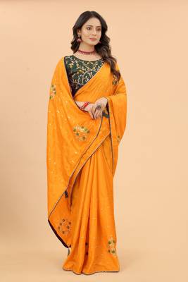 Yellow Embroidered Faux Silk Blend Saree With Blouse 3