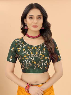 Yellow Embroidered Faux Silk Blend Saree With Blouse 4