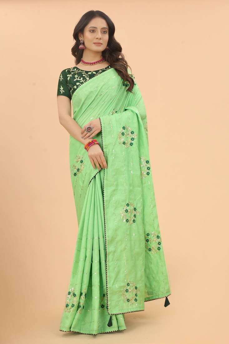 Light green embroidered faux silk saree with blouse