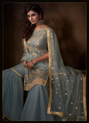 Grey Color Zari Work Salwar Kameez With Soft Net Dupatta Set 1