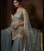 Grey Color Zari Work Salwar Kameez With Soft Net Dupatta Set