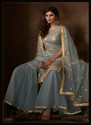 Grey Color Zari Work Salwar Kameez With Soft Net Dupatta Set 3