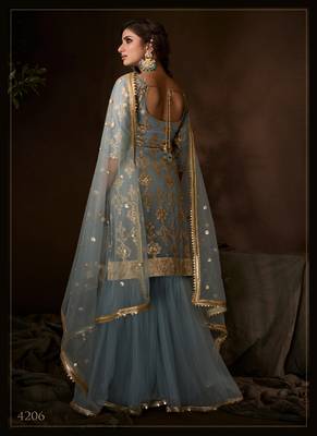 Grey Color Zari Work Salwar Kameez With Soft Net Dupatta Set 4