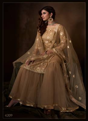 Beige Color Sequins Work Soft Net Salwar Kameez Dupatta Set 1