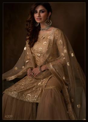 Beige Color Sequins Work Soft Net Salwar Kameez Dupatta Set 3