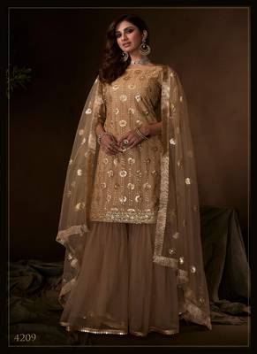 Beige Color Sequins Work Soft Net Salwar Kameez Dupatta Set 4