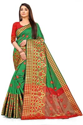 Dark green woven silk blend saree with blouse 1