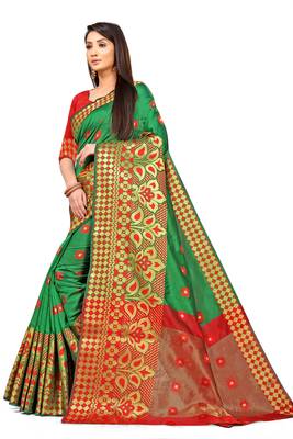 Dark green woven silk blend saree with blouse 2