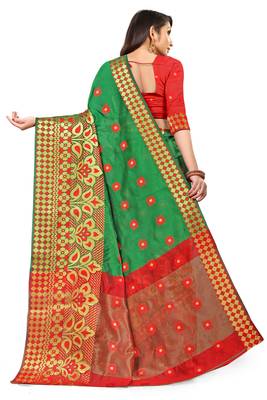 Dark green woven silk blend saree with blouse 4
