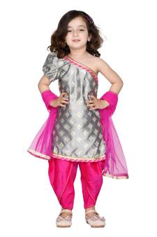 Grey & Magenta Single Shoulder Dhoti Kurta Set for Girls