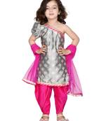 Grey & Magenta Single Shoulder Dhoti Kurta Set for Girls