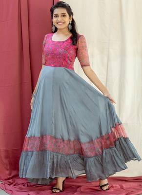 Grey Faux Blooming Organza Print Long Kurti 1