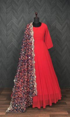 Designer Red Georgette With Organza Duapatta Long Kurti 4