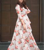 Off White Georgette Digital Print Long Kurti