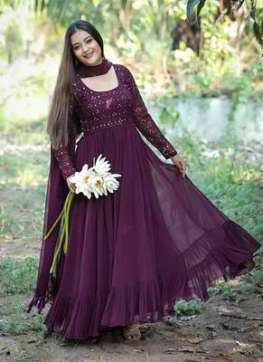 Vioet Georgette Sequence Work Gown With Dupatta 1