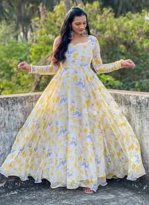 Light Yellow georgette Digital Print Designer Gown 1