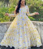 Light Yellow georgette Digital Print Designer Gown
