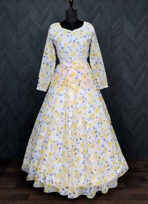 Light Yellow georgette Digital Print Designer Gown 2