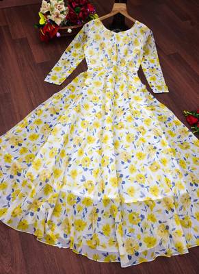 Light Yellow georgette Digital Print Designer Gown 3