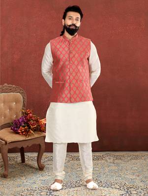 Men Red Jacquard Silk Nehru Jacket with Plain White Dupion Silk Kurta Churidar 1
