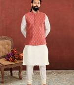 Men Red Jacquard Silk Nehru Jacket with Plain White Dupion Silk Kurta Churidar