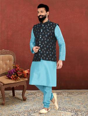 Men Black Jacquard Silk Nehru Jacket with Plain White Dupion Silk Kurta Churidar 1