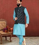 Men Black Jacquard Silk Nehru Jacket with Plain White Dupion Silk Kurta Churidar
