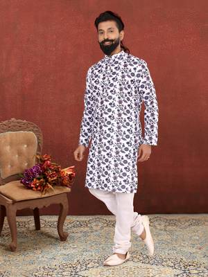Men Off White Cotton Digital Printed Kurta Churidar Set 8