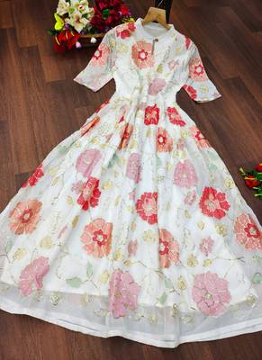 Off White Silk Sequence Thread Work Designer Gown 5
