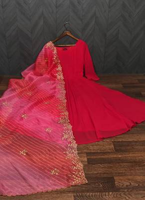 Red Georgette Gown With Organza Dupatta 3