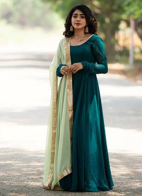 Designer Aqua Green Georgette Gown With Dupatta 1