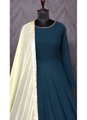 Designer Aqua Green Georgette Gown With Dupatta 3