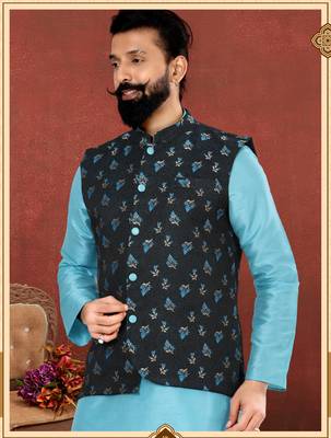 Men Black Jacquard Silk Nehru Jacket with Plain White Dupion Silk Kurta Churidar 7