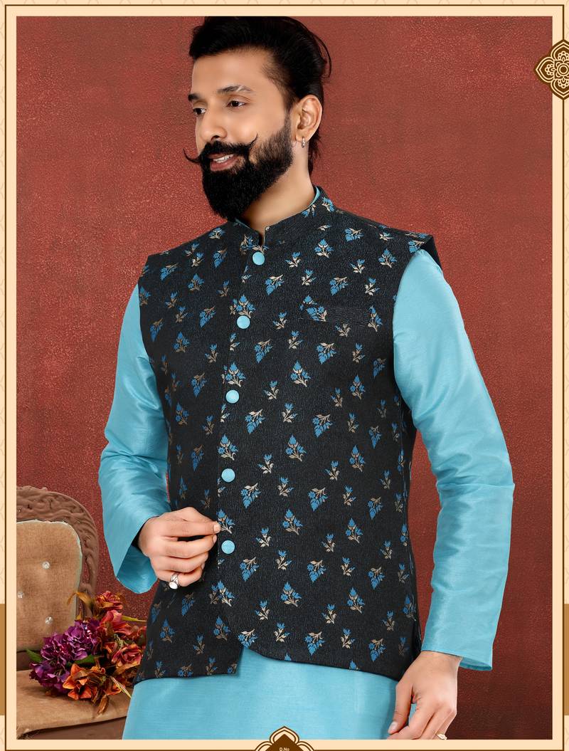 Men Black Jacquard Silk Nehru Jacket with Plain White Dupion Silk Kurta Churidar