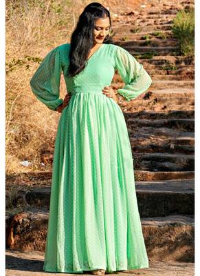 Designer Sea Green Georgette Butti Gown 1