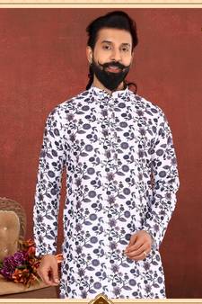 Men Off White Cotton Digital Printed Kurta Churidar Set