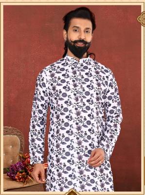 Men Off White Cotton Digital Printed Kurta Churidar Set 1