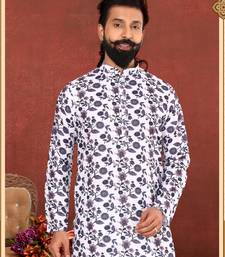 Men Off White Cotton Digital Printed Kurta Churidar Set