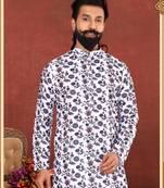 Men Off White Cotton Digital Printed Kurta Churidar Set