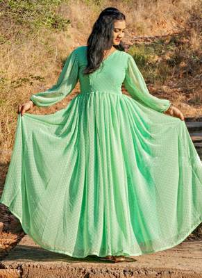 Designer Sea Green Georgette Butti Gown 2