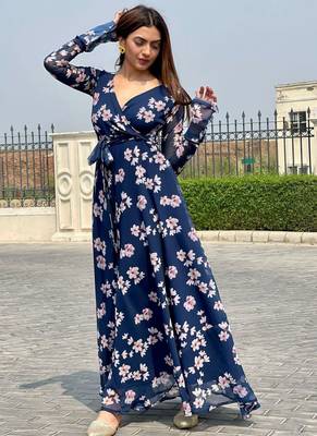 Designer Blue Georgette Digital Print Long Kurti 1