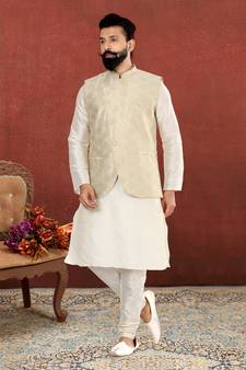 Men Cream Jacquard Silk Nehru Jacket with Plain White Dupion Silk Kurta Churidar