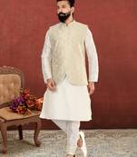 Men Cream Jacquard Silk Nehru Jacket with Plain White Dupion Silk Kurta Churidar