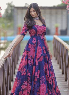 Designer Royal Blue Chanderi Silk Digital Print Long Kurti 1