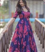 Designer Royal Blue Chanderi Silk Digital Print Long Kurti