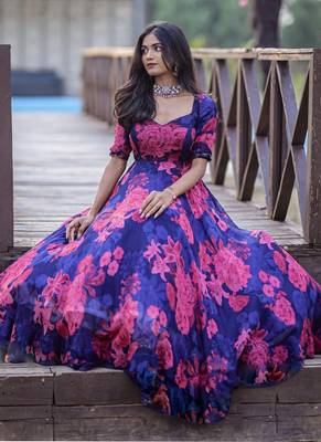 Designer Royal Blue Chanderi Silk Digital Print Long Kurti 2