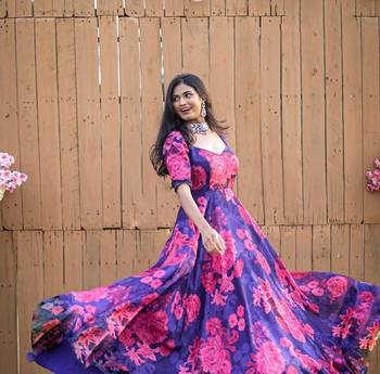 Designer Royal Blue Chanderi Silk Digital Print Long Kurti 3