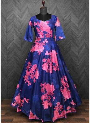 Designer Royal Blue Chanderi Silk Digital Print Long Kurti 4