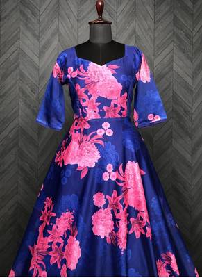 Designer Royal Blue Chanderi Silk Digital Print Long Kurti 5